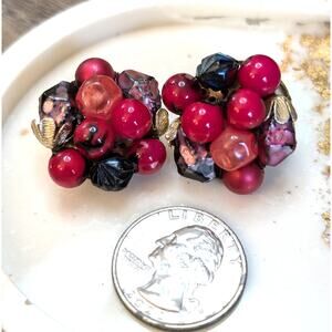 Vintage Cluster Clip On Earrings Pink Red Burgundy Beaded Hong Kong